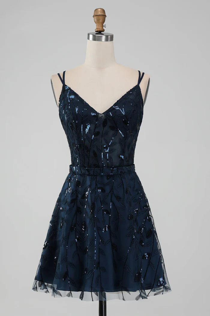 Weitese Dress Navy A Line Spaghetti Straps Sparkly Sequins Short Homecoming Dress Sparkle & Shine Sleeveless Party Dress